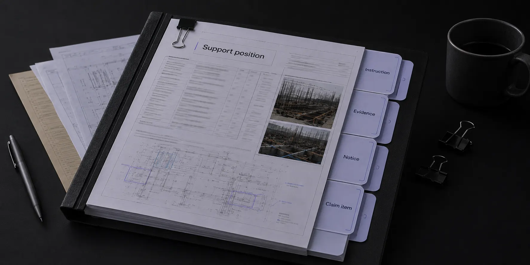 A claim support pack bringing plans, site records and evidence into one file