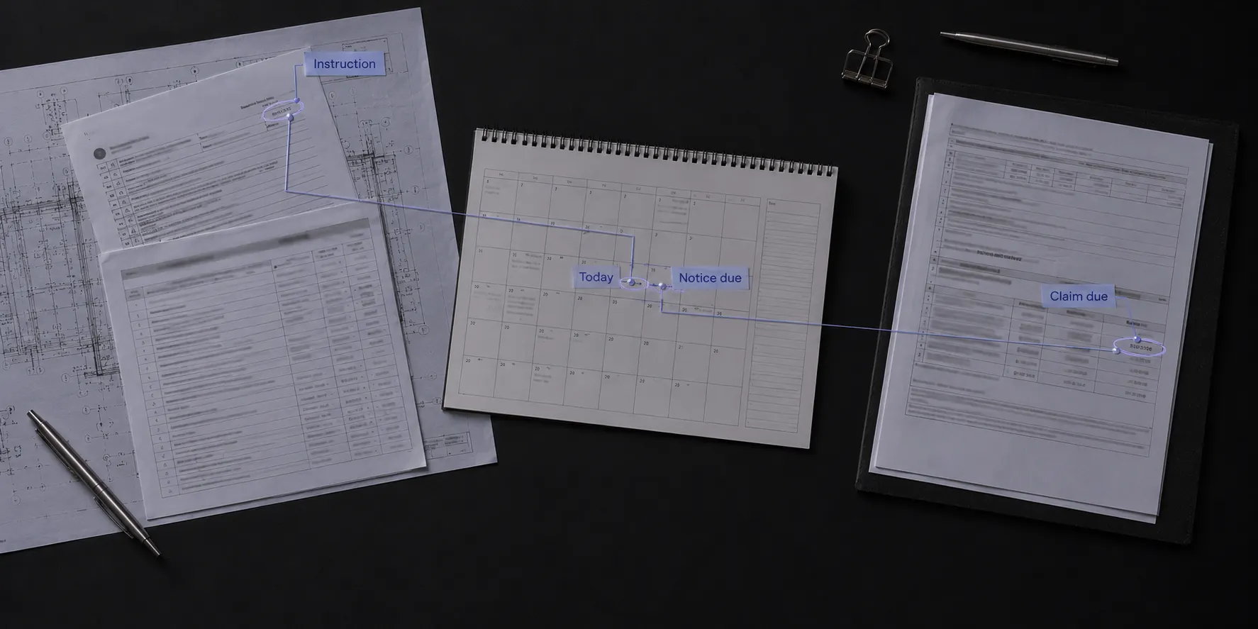 Site instruction, calendar and claim records connected by their key dates