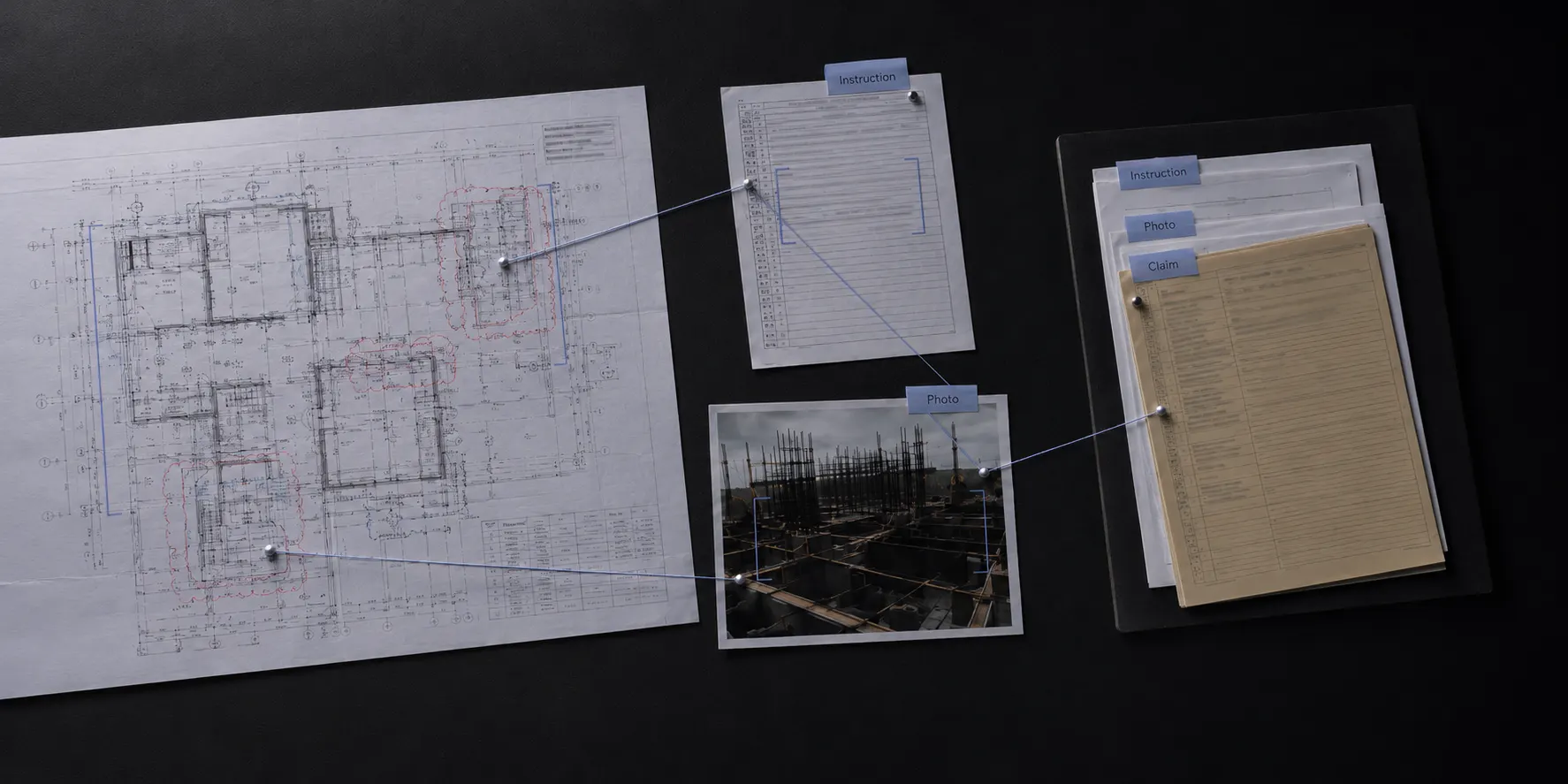 A construction plan, instruction, site photo and claim records connected as one evidence path