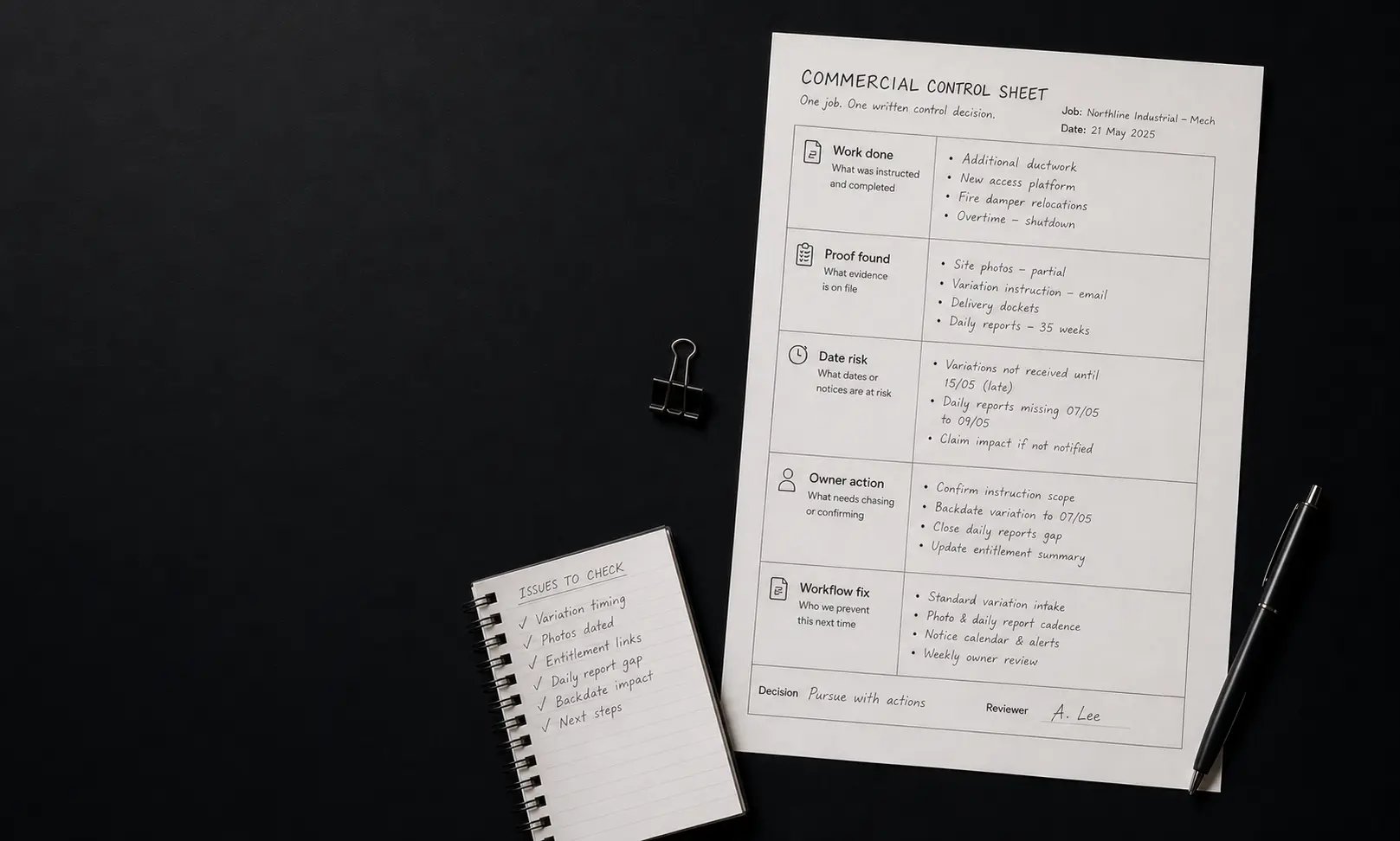 Illustrative Commercial Control Sheet with a job-note checklist, binder clip and pen